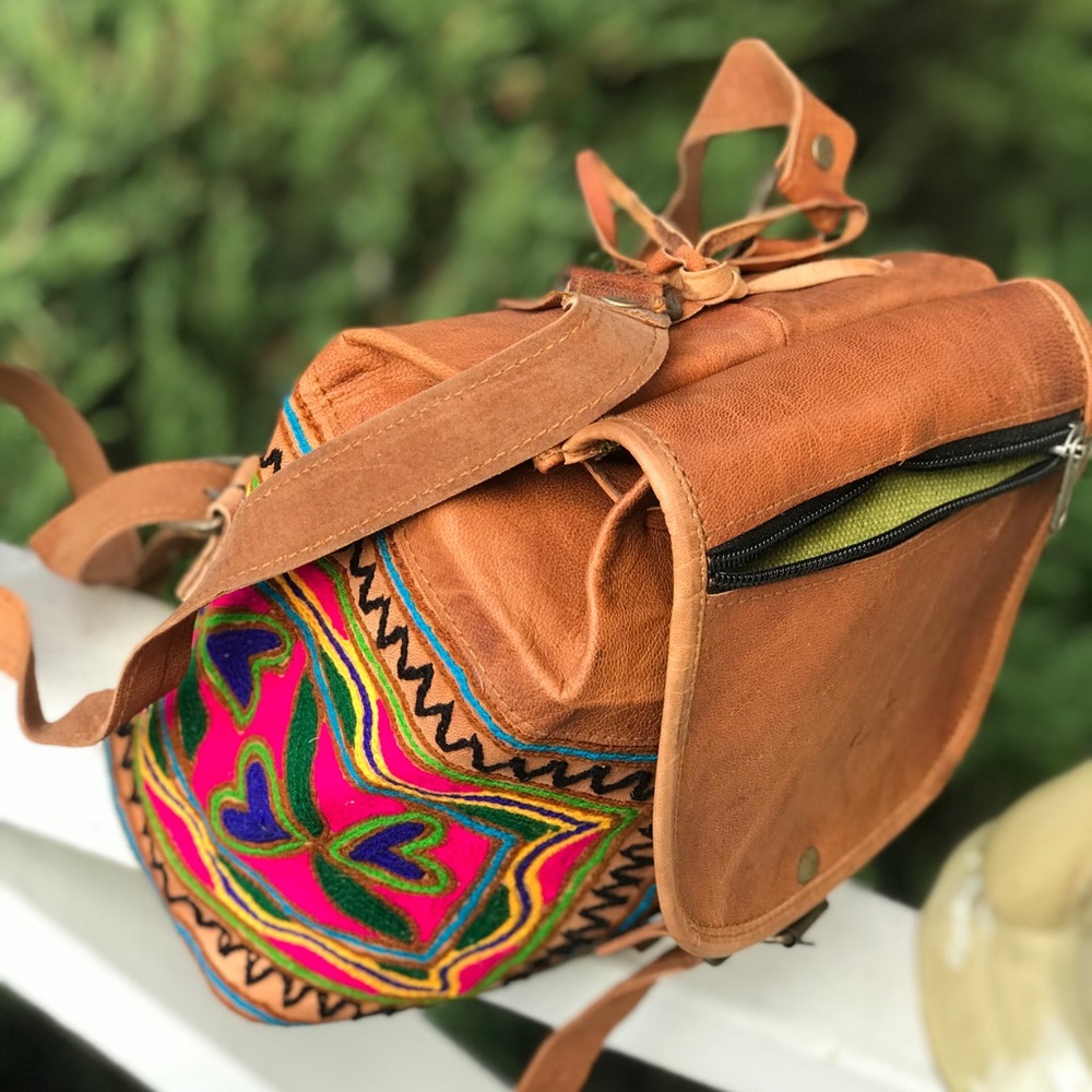 Boho Embroidered Tan Camel Leather Mini Backpack - Picture 7 of 10